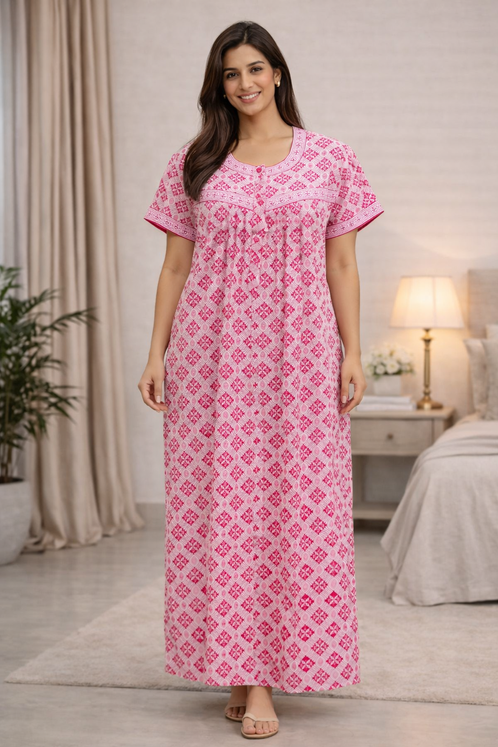 PLEATED FULL LENGTH REGULAR - GEOMETRICAL PRINT- WHITE & PINK COMBINATION - 405 - P7