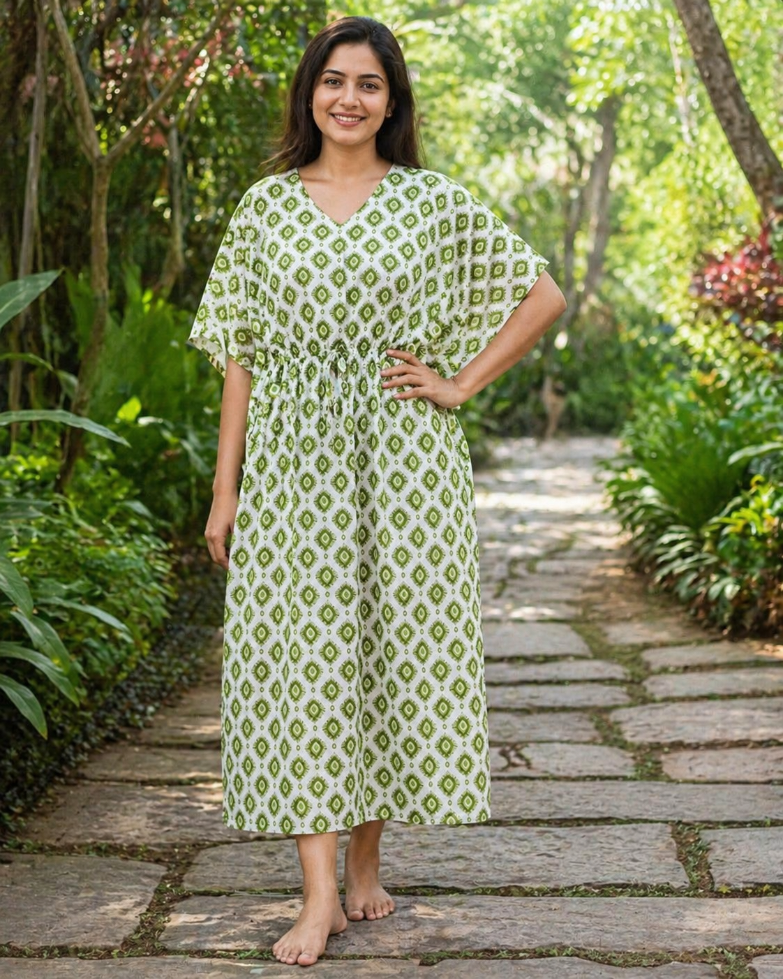 Half Khaftan – Geometrical print - Off-white green - SK24