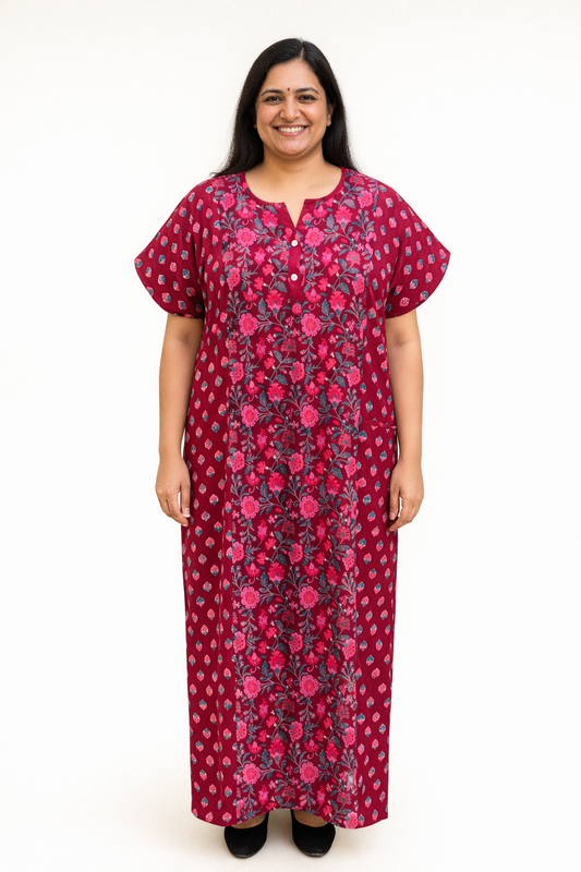 A - line Gown with Double Pocket XL- Floral Creeper Print - Wine, Mustard Yellow & Black - 650DP03
