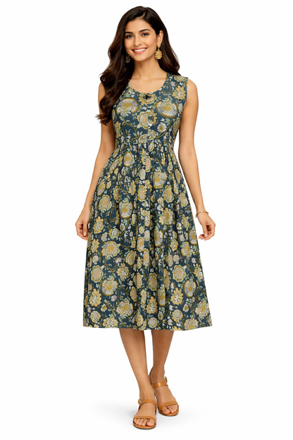 TUNIC PATTERN BOTANICAL FLORAL PRINT - BOTTLE GREEN 201F