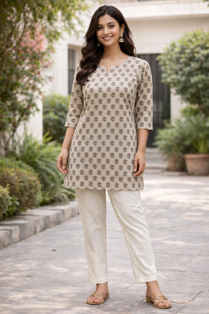 COTTON SHORT TOP - BUTI PRINT - MUSTARD ON CREAM- 205S40