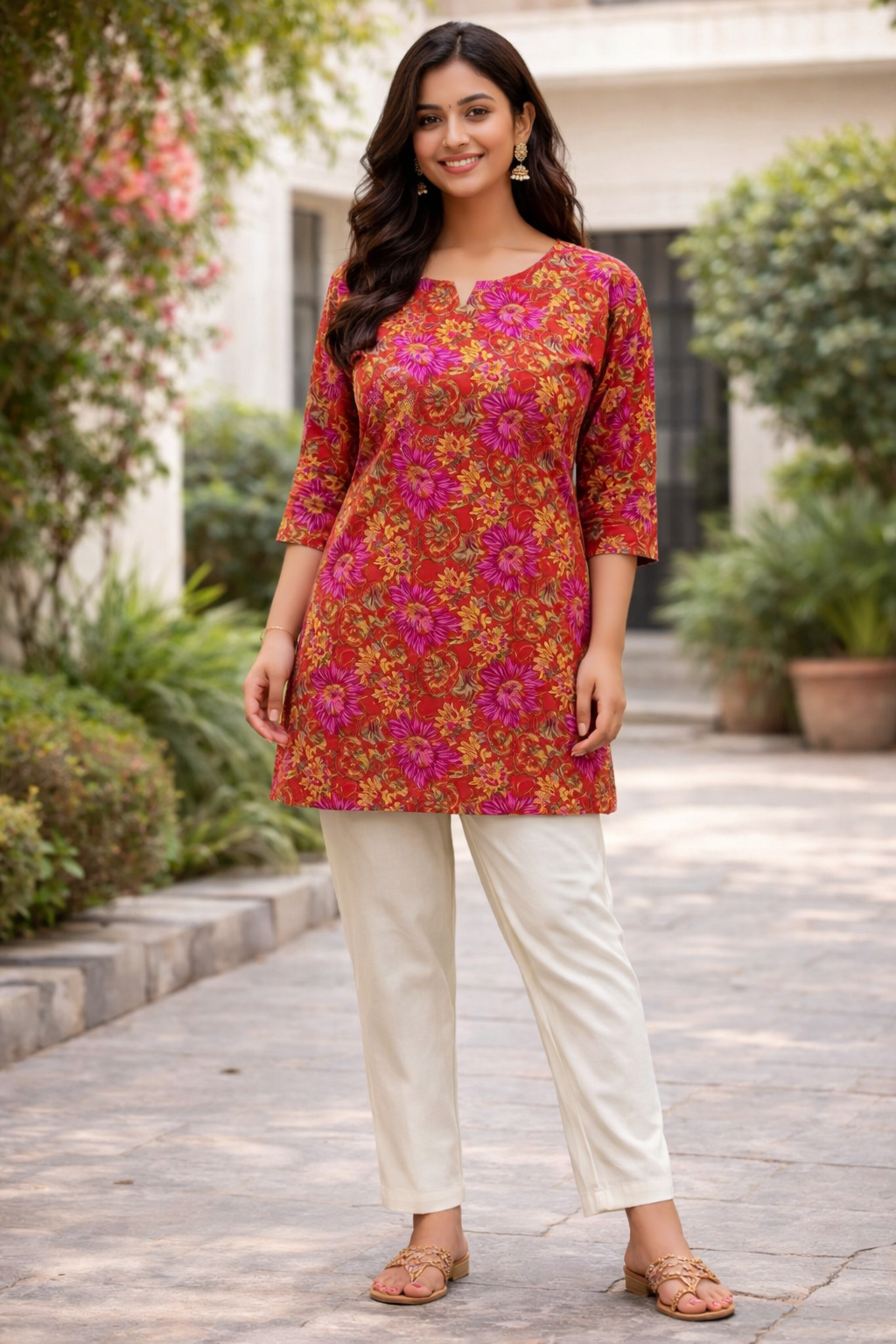 COTTON SHORT TOP - FLORAL VINE PRINT - RUST RED - 205S41