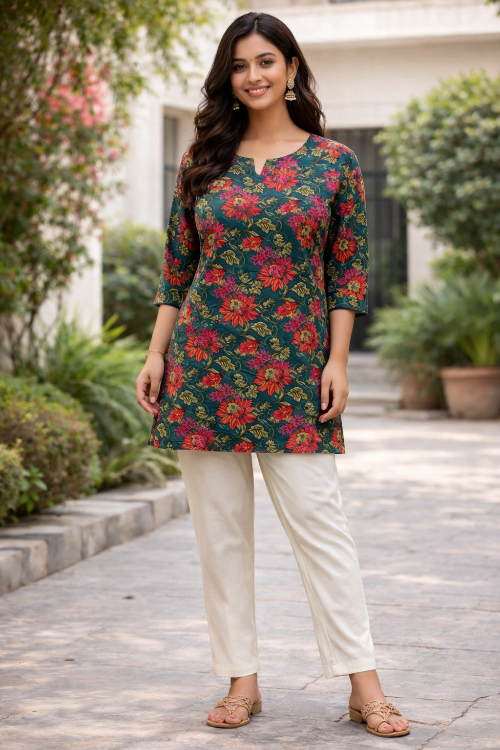 COTTON SHORT TOP - FLORAL PRINT - PEACOCK GREEN - 205S42