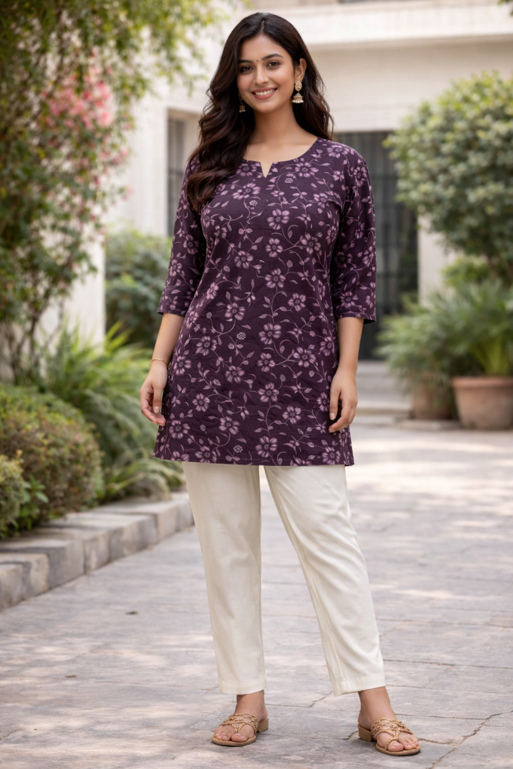 COTTON SHORT TOP - FLORAL PRINT - PLUM - 205S43