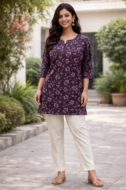 COTTON SHORT TOP - FLORAL PRINT - PLUM - 205S43
