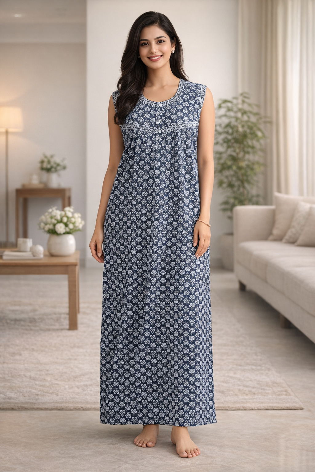 SLEEVELESS FULL LENGTH REGULAR - LEAF SCROLL PRINT- GREY, SEA GREEN, BROWN, VIOLET & NAVY BLUE - 406Pa