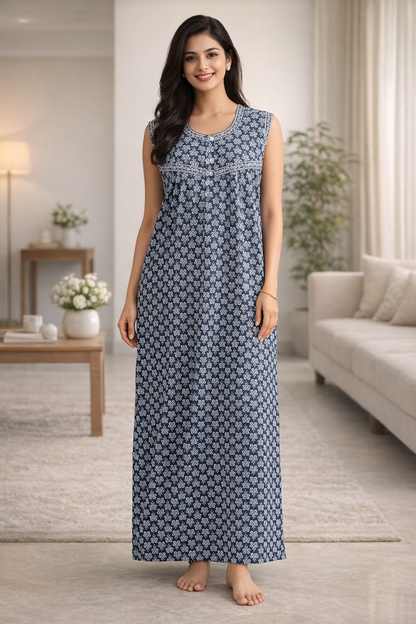 SLEEVELESS FULL LENGTH REGULAR - LEAF SCROLL PRINT- GREY, SEA GREEN, BROWN, VIOLET & NAVY BLUE - 406Pa