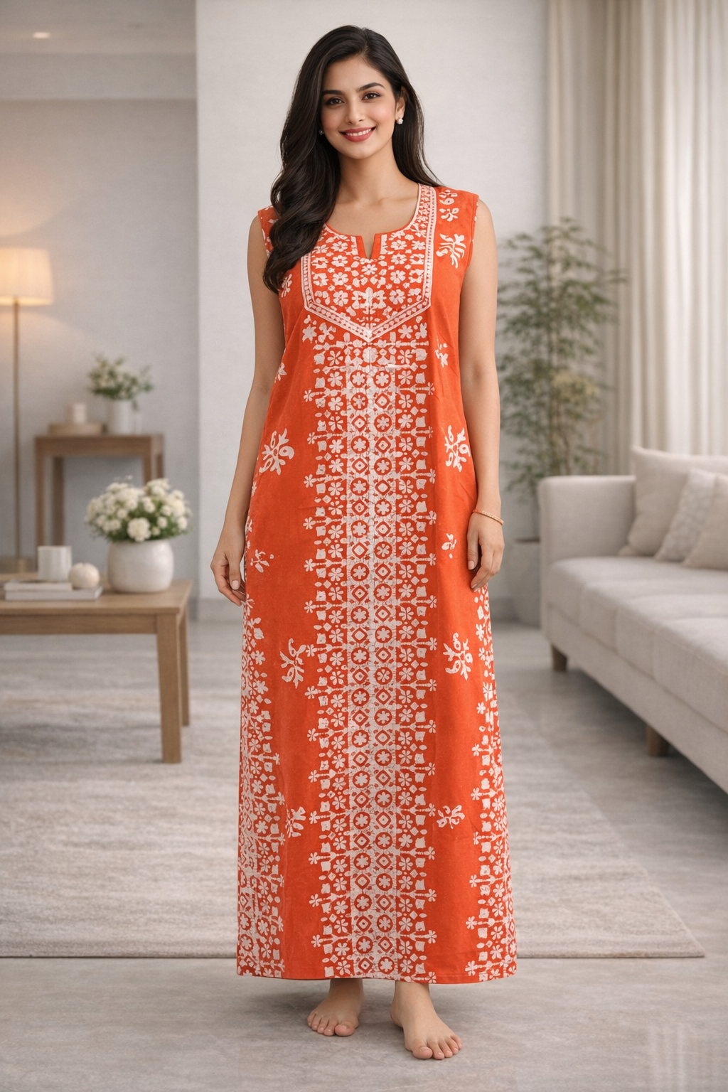 SLEEVELESS FULL LENGTH REGULAR - BATIK PRINT- ORANGE, PINK, AMBER & OLIVE - 406Ab