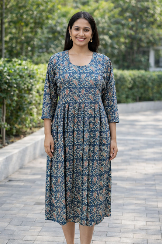 FEEDING GOWN - PAISLEY AND FLORAL VINE PRINT - BLUE, DARK GREEN & RED FGH03