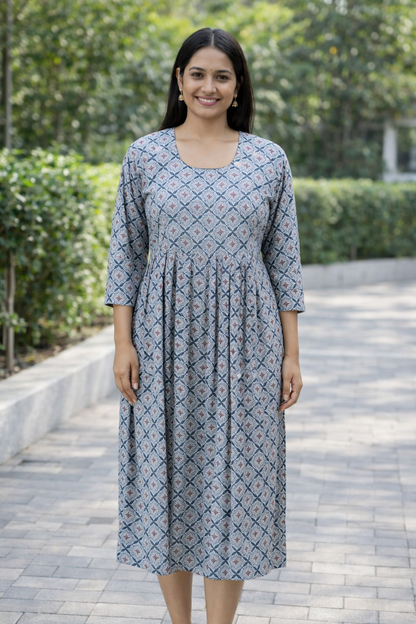 FEEDING GOWN - GEOMETRICAL FLORAL PRINT - INDIGO & WHITE - FGH13