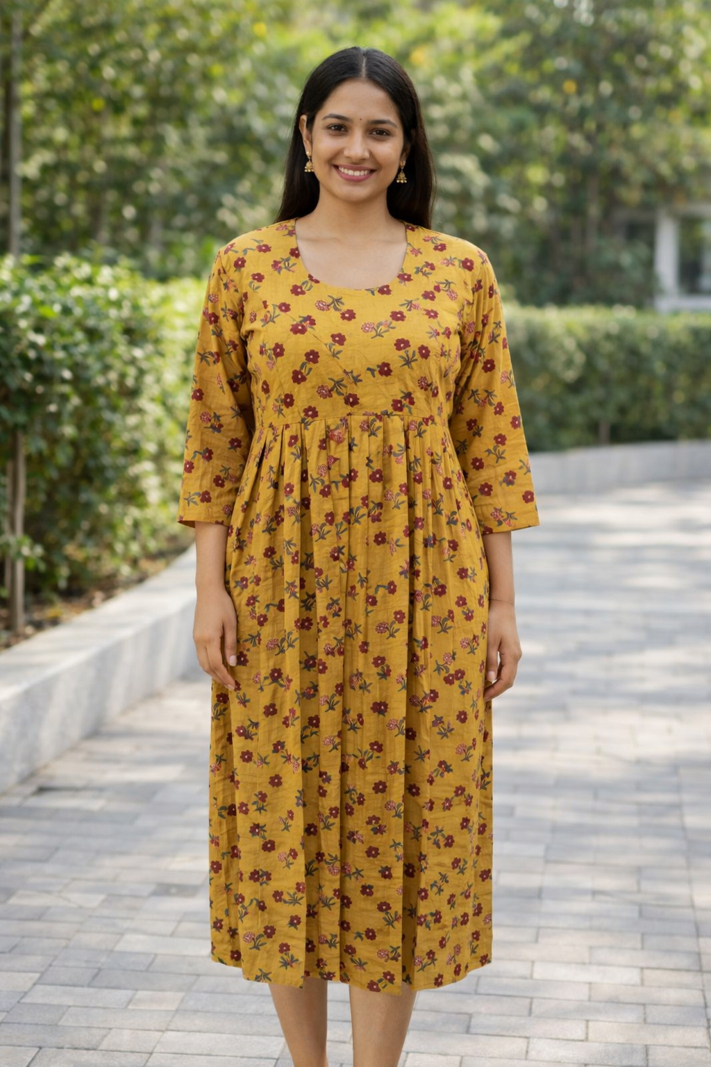 FEEDING GOWN - RED MOTIF PRINT - MUSTARD - FGH18