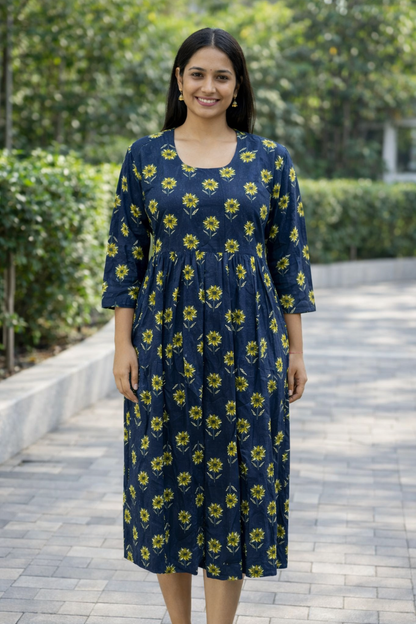 FEEDING GOWN - FLORAL PRINT - NAVY BLUE - FGH19