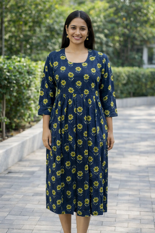 FEEDING GOWN - FLORAL PRINT - NAVY BLUE - FGH19