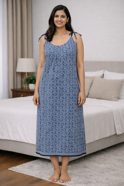 HALF STRING GOWN – GEOMETRIC LATTICE PRINT - INDIGO - 201C - 7
