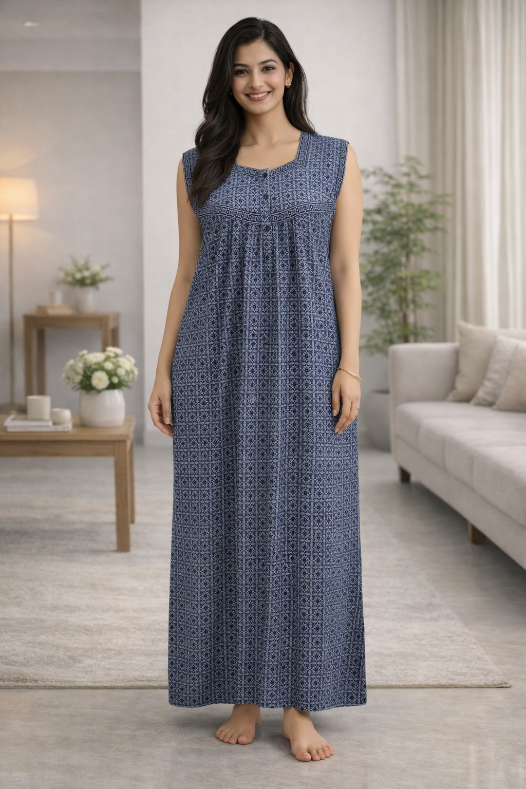SLEEVELESS FULL LENGTH REGULAR - GEOMETRICAL FLORAL PRINT-GREYISH BLUE - 406e