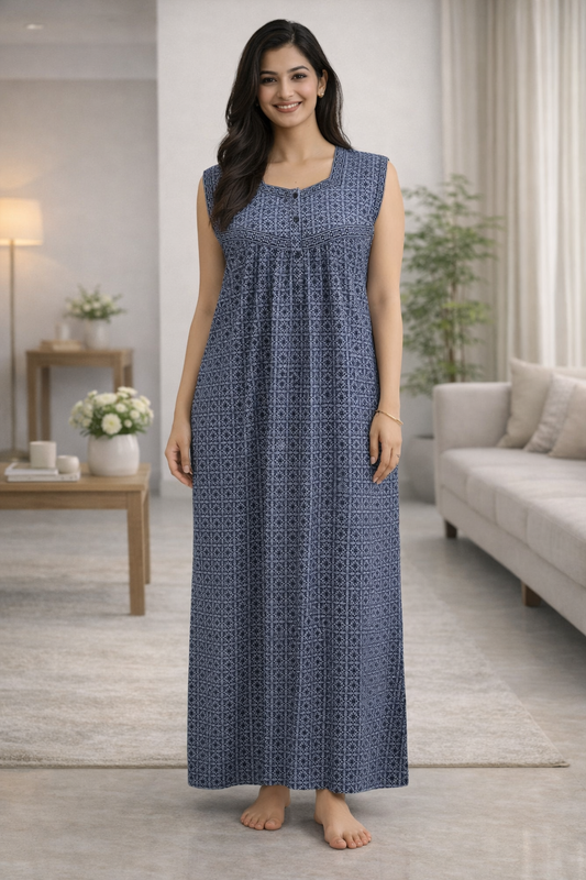 SLEEVELESS FULL LENGTH REGULAR - GEOMETRICAL FLORAL PRINT-GREYISH BLUE - 406e