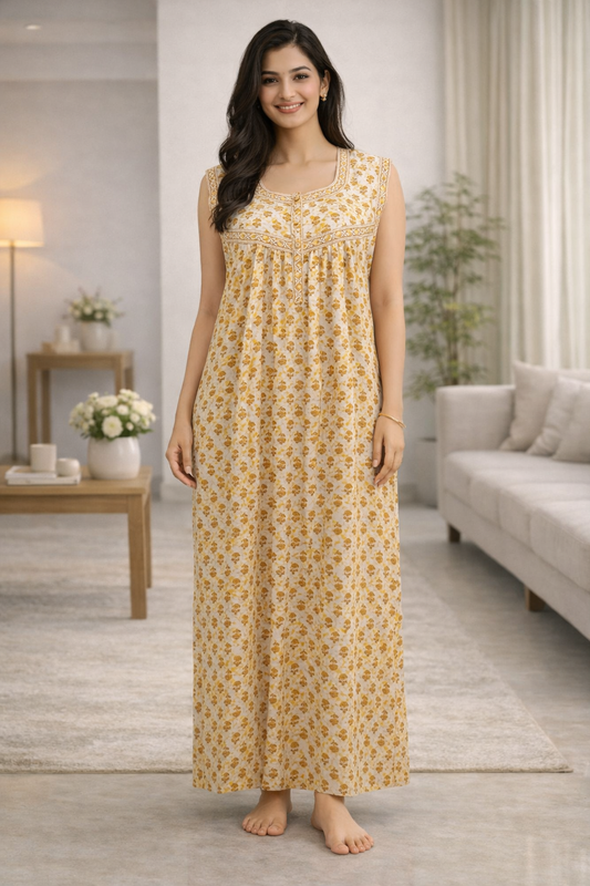 SLEEVELESS FULL LENGTH REGULAR - SMALL FLORAL PRINT-MUSTARD - 406f