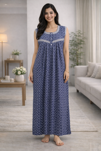 SLEEVELESS FULL LENGTH REGULAR - SMALL LEAF PRINT- GREYISH BLUE - 406h