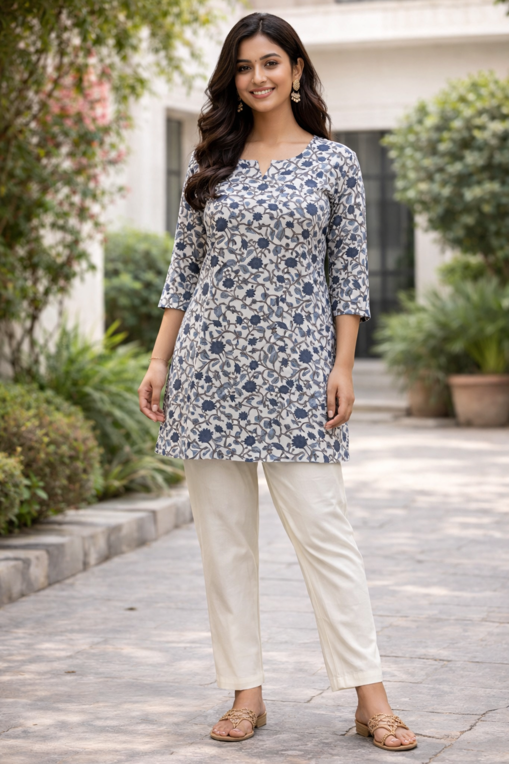 COTTON SHORT TOP - FLORAL PRINT - NAVY BLUE ON CREAM BASE - 205S33