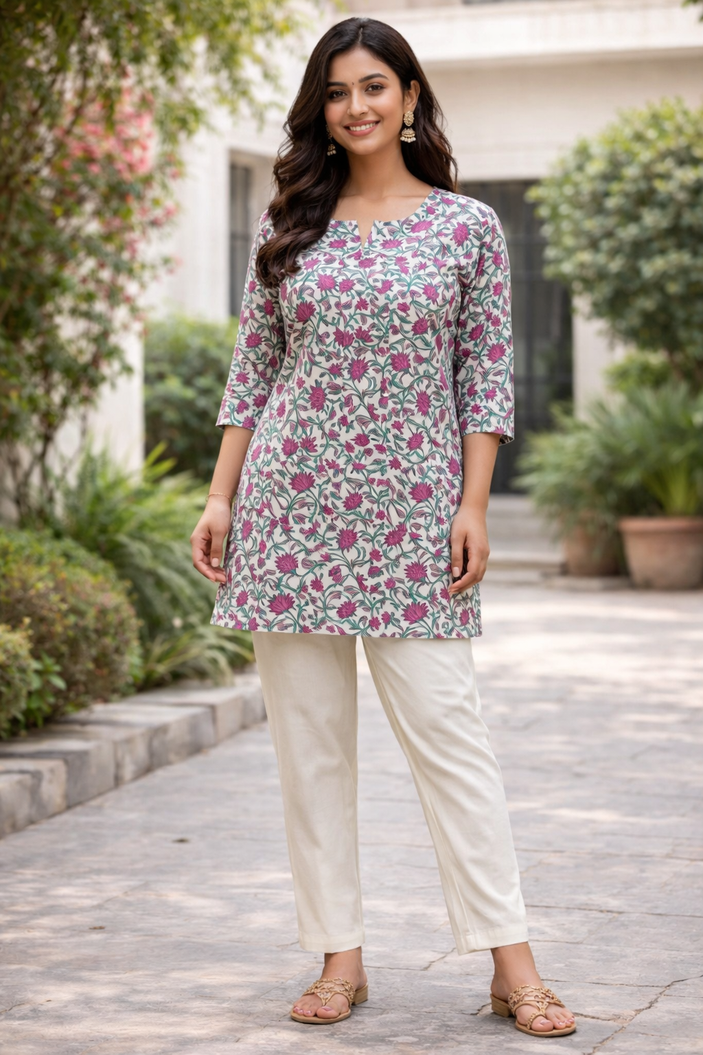 COTTON SHORT TOP - FLORAL PRINT - PINK ON CREAM BASE - 205S34