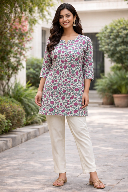 COTTON SHORT TOP - FLORAL PRINT - PINK ON CREAM BASE - 205S34