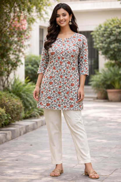 COTTON SHORT TOP - FLORAL PRINT - ORANGE ON CREAM BASE - 205S35