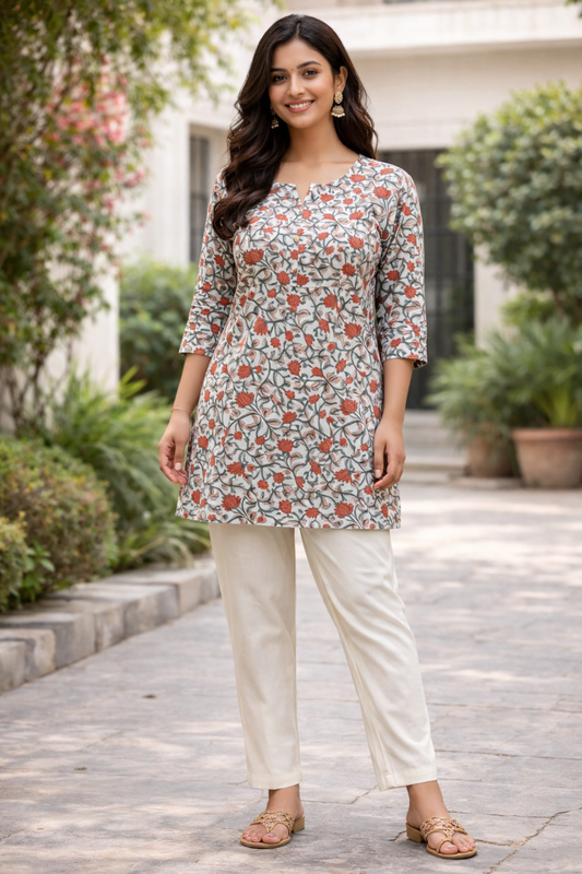 COTTON SHORT TOP - FLORAL PRINT - ORANGE ON CREAM BASE - 205S35