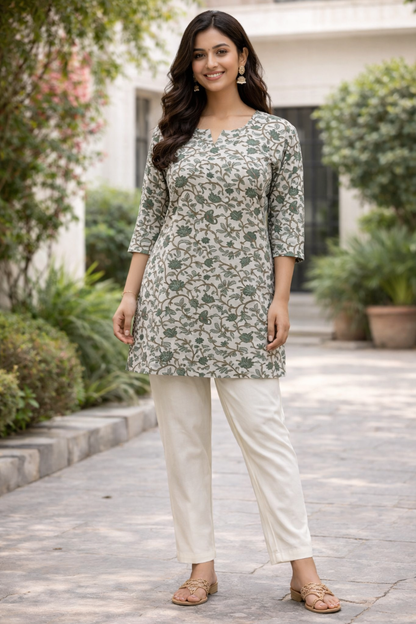 COTTON SHORT TOP - FLORAL PRINT - GREEN ON CREAM BASE - 205S36