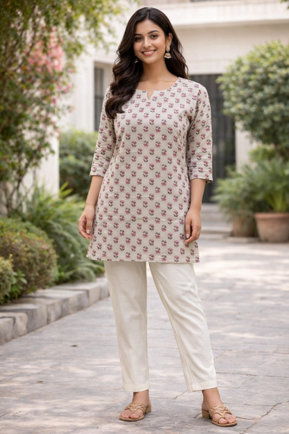 COTTON SHORT TOP - BUTI PRINT - PINK ON CREAM - 205S39