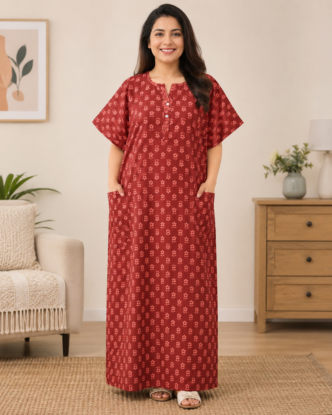 A - LINE GOWN WITH DOUBLE POCKET XXL- FLORAL MOTIF PRINT - RUST ORANGE & DARK GREEN - 605DP9