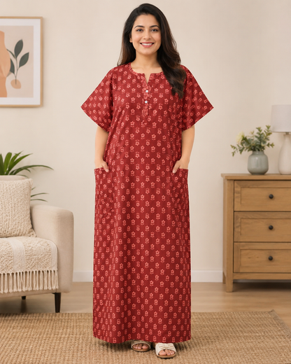 A - LINE GOWN WITH DOUBLE POCKET XXL- FLORAL MOTIF PRINT - RUST ORANGE & DARK GREEN - 605DP9