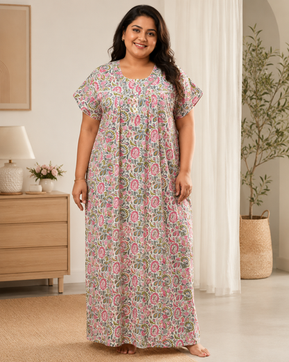 A - LINE PLEATED NIGHTY XXL- FLORAL PRINT WITH LACE - CREAM - 605L01