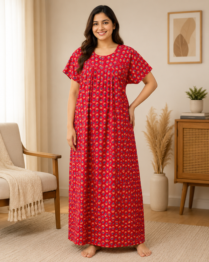 A - LINE PLEATED NIGHTY XXL- MOTIF PRINT WITH LACE - RED - 605L03