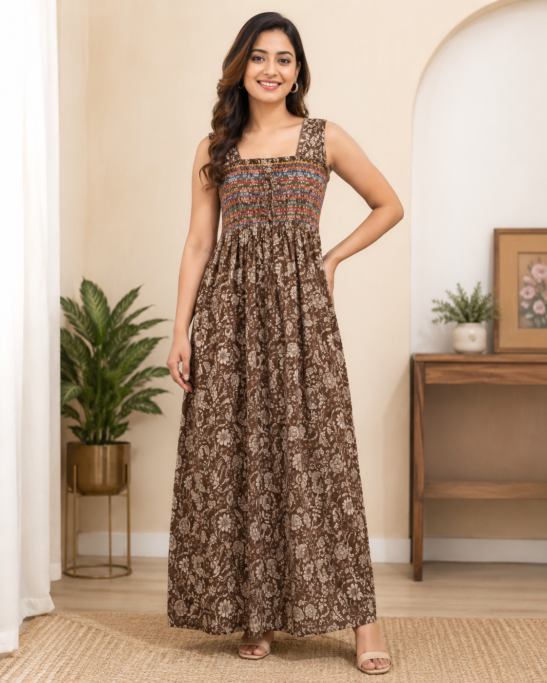 Smocking Gown – Sleeveless, Peony Floral Print – Umber (brown) - 601-B 3