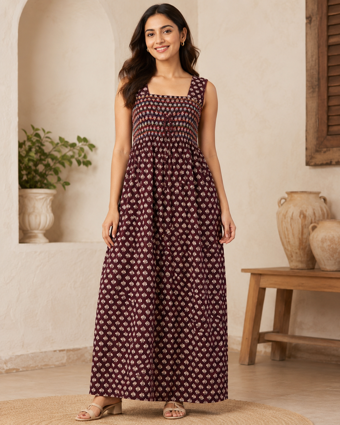 Smocking Gown – Sleeveless, Jasmine motif Print – Dark Violet, Dark blue & Maroon - 601-B 06