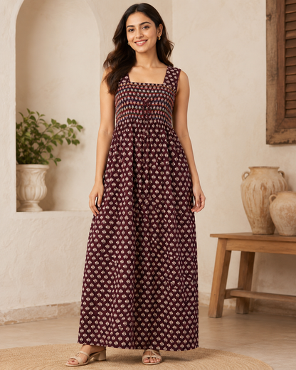 Smocking Gown – Sleeveless, Jasmine motif Print – Dark Violet, Dark blue & Maroon - 601-B 06