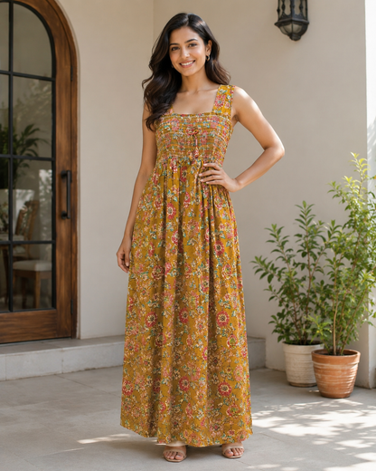 Smocking Gown – Sleeveless, Rose Floral Print – Mustard - 601-B 04