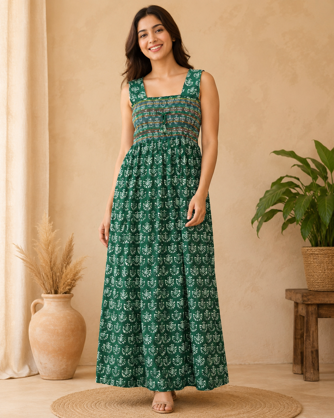 Smocking Gown – Sleeveless, Abstract leafy Print – Forest green, Red & Olive green - 601-B 08