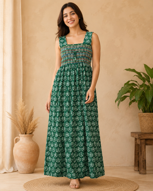 Smocking Gown – Sleeveless, Abstract leafy Print – Forest green, Red & Olive green - 601-B 08