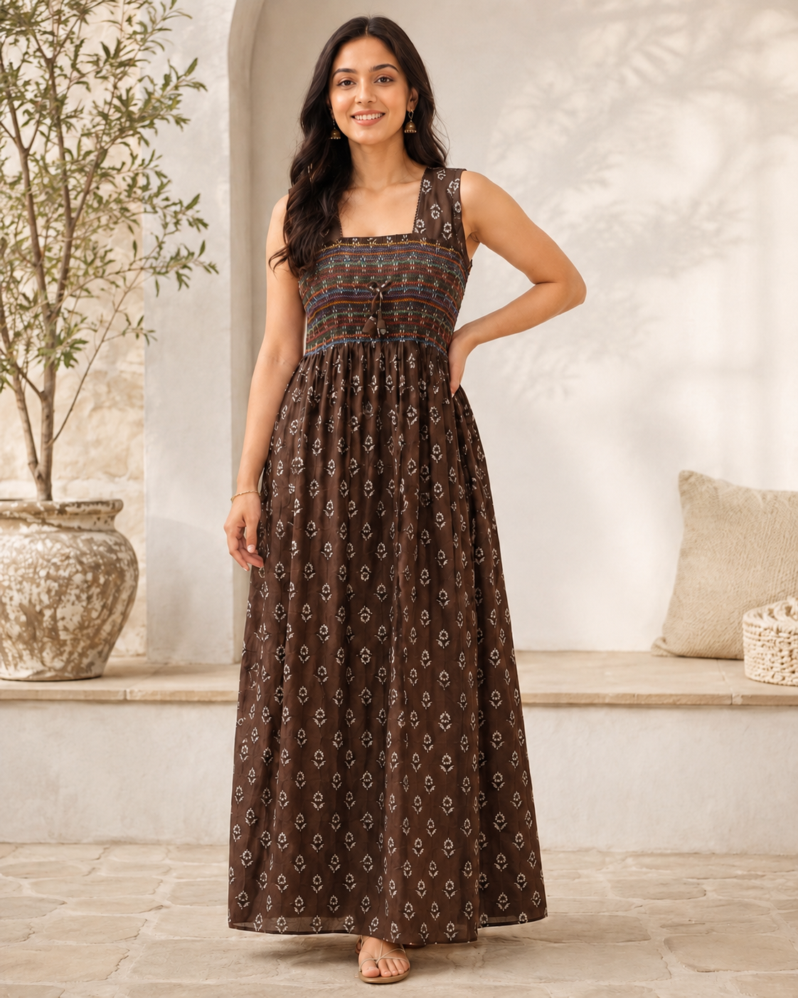 Smocking Gown – Sleeveless, Daisy motif Print – Umber (Brown) - 601-B 05