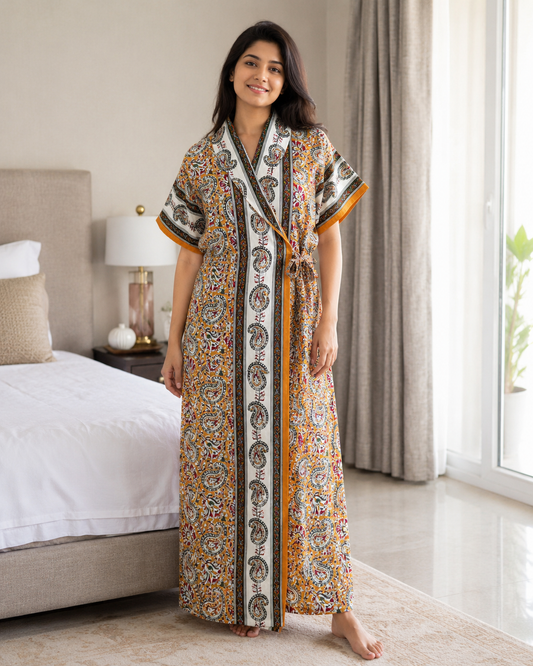 Wrap Gown – Full Length, Koiri Print - Yellow, Royal blue & Maroon - W502- F