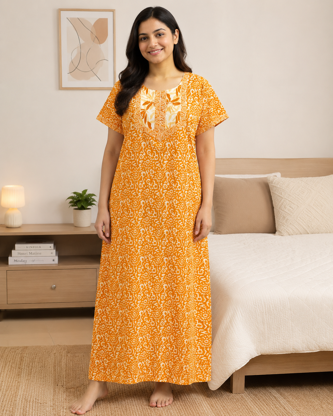 A - line Gown - white ethnic floral and abstract print- Pink & Amber yellow - 550A21