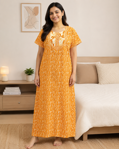 A - line Gown - white ethnic floral and abstract print- Pink & Amber yellow - 550A21