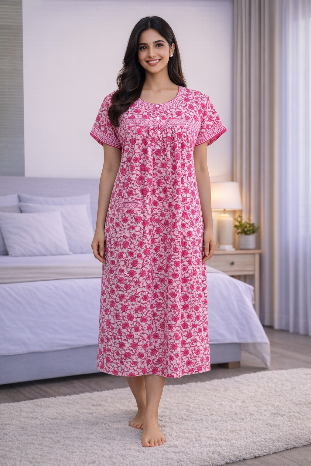 3/4 NIGHTY - PINK ON WHITE- 201A - 61