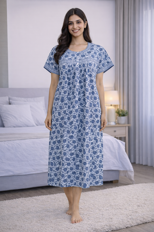 3/4 NIGHTY - BLUE ON WHITE- 201A - 62