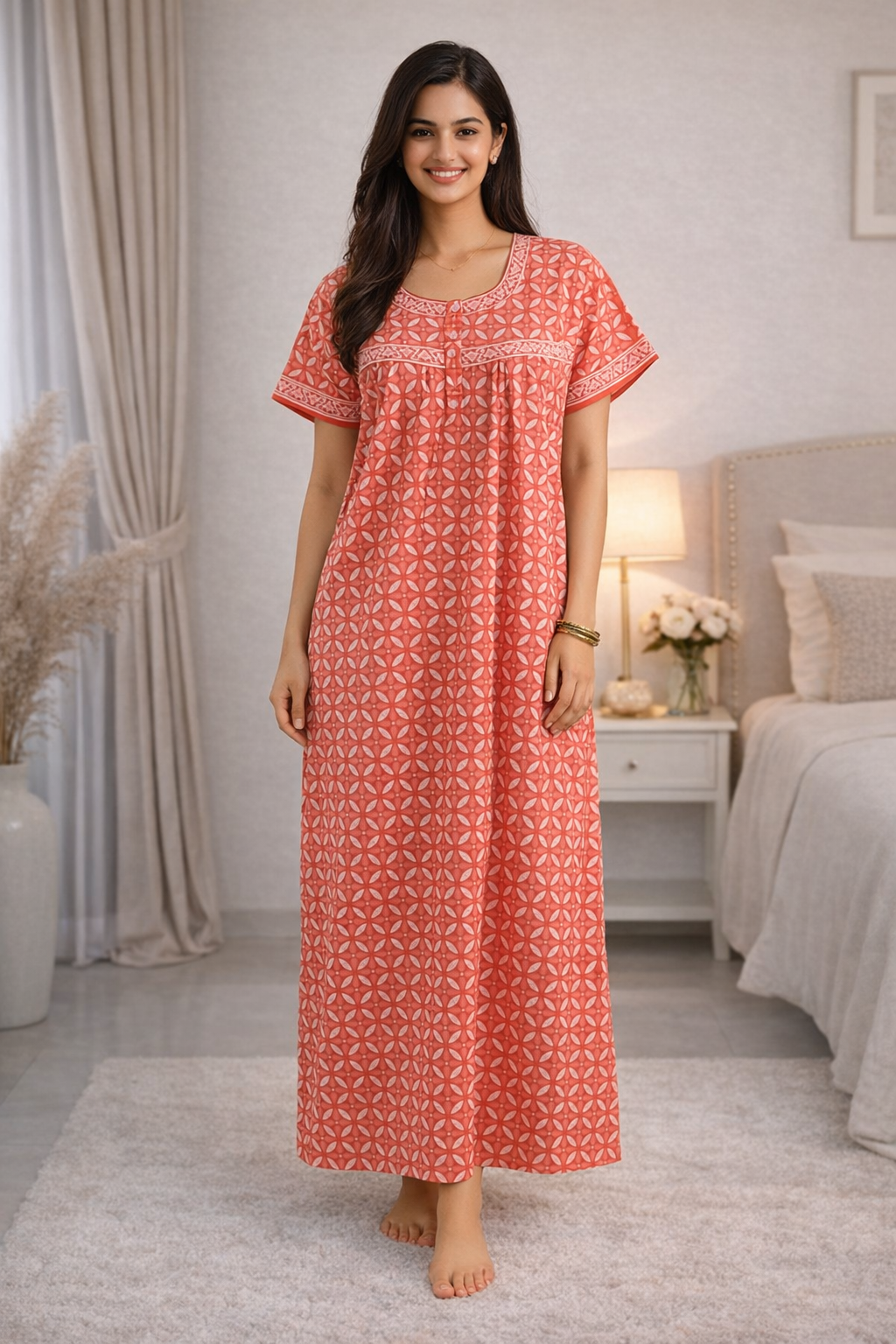 PLEATED FULL LENGTH REGULAR - GEOMETRICAL PRINT- ORANGE, DARK PINK & LIME GREEN - 405 - P4