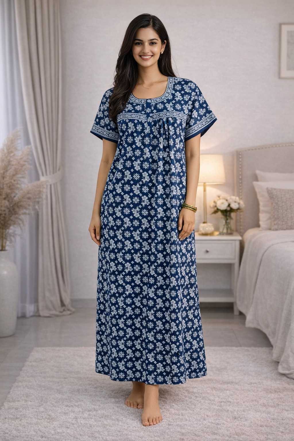 PLEATED FULL LENGTH REGULAR - FLORAL PRINT- DARK BLUE, PINK, GREEN & ORANGE - 405 - P5