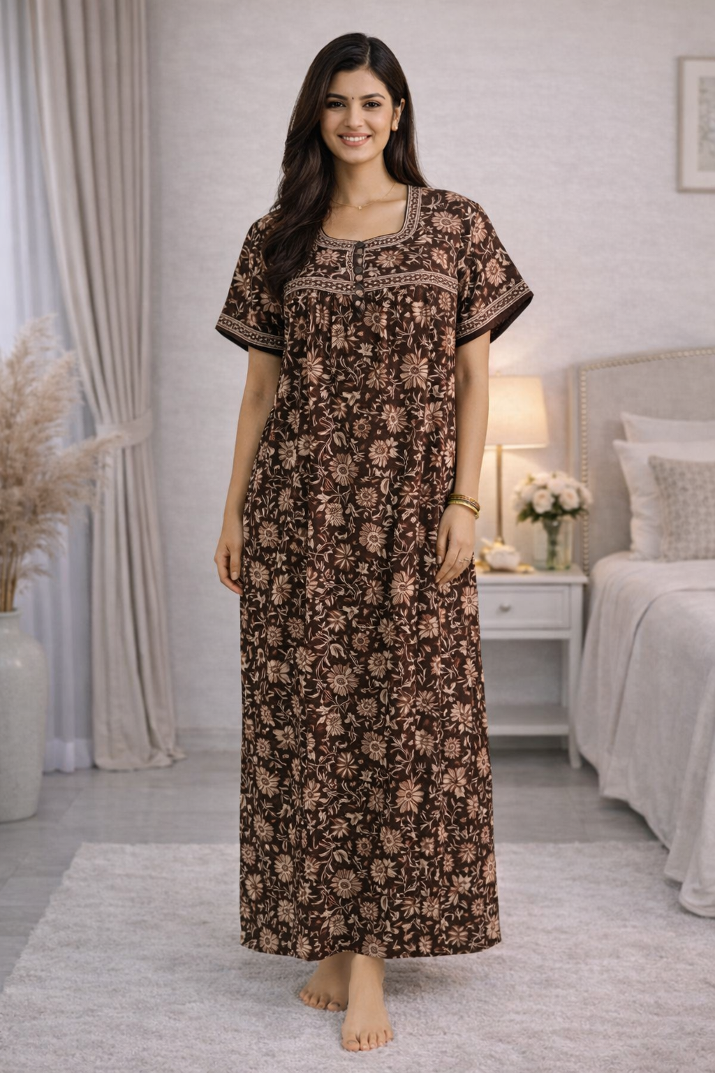 PLEATED FULL LENGTH REGULAR - FLORAL & LEAF PRINT- DARK BROWN, YELLOW, MAROON & BLUE - 405 - P8