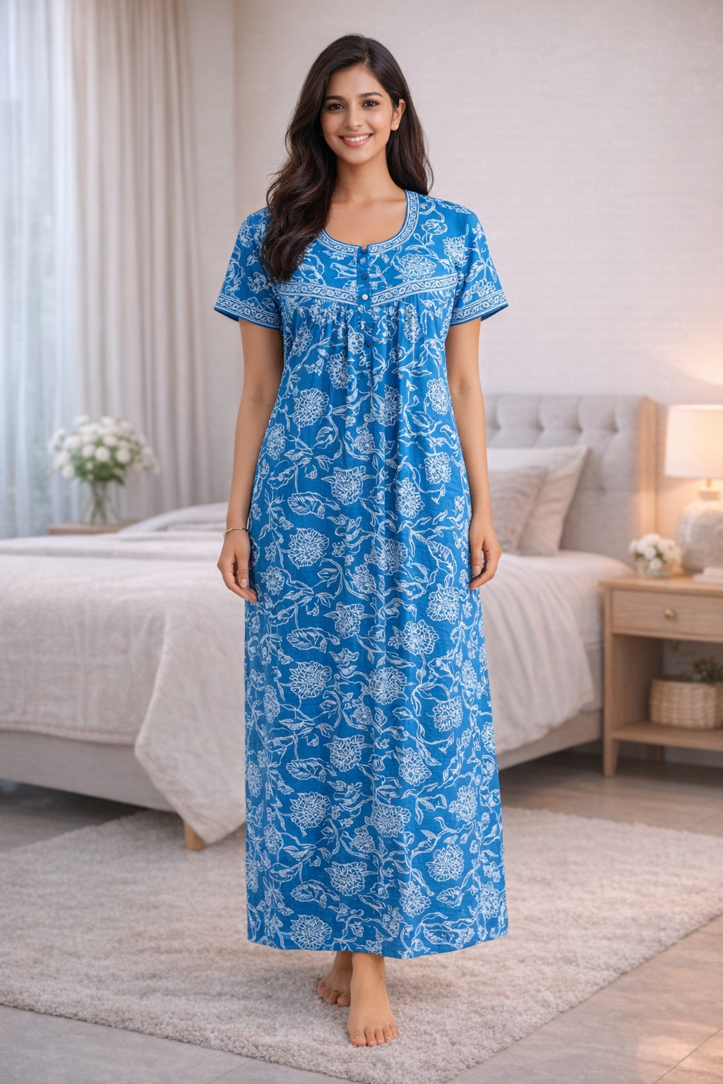 PLEATED FULL LENGTH MEDIUM - FLORAL & LEAF PRINT-TURQUOISE BLUE, MUSTARD & DARK PINK - 401Eb