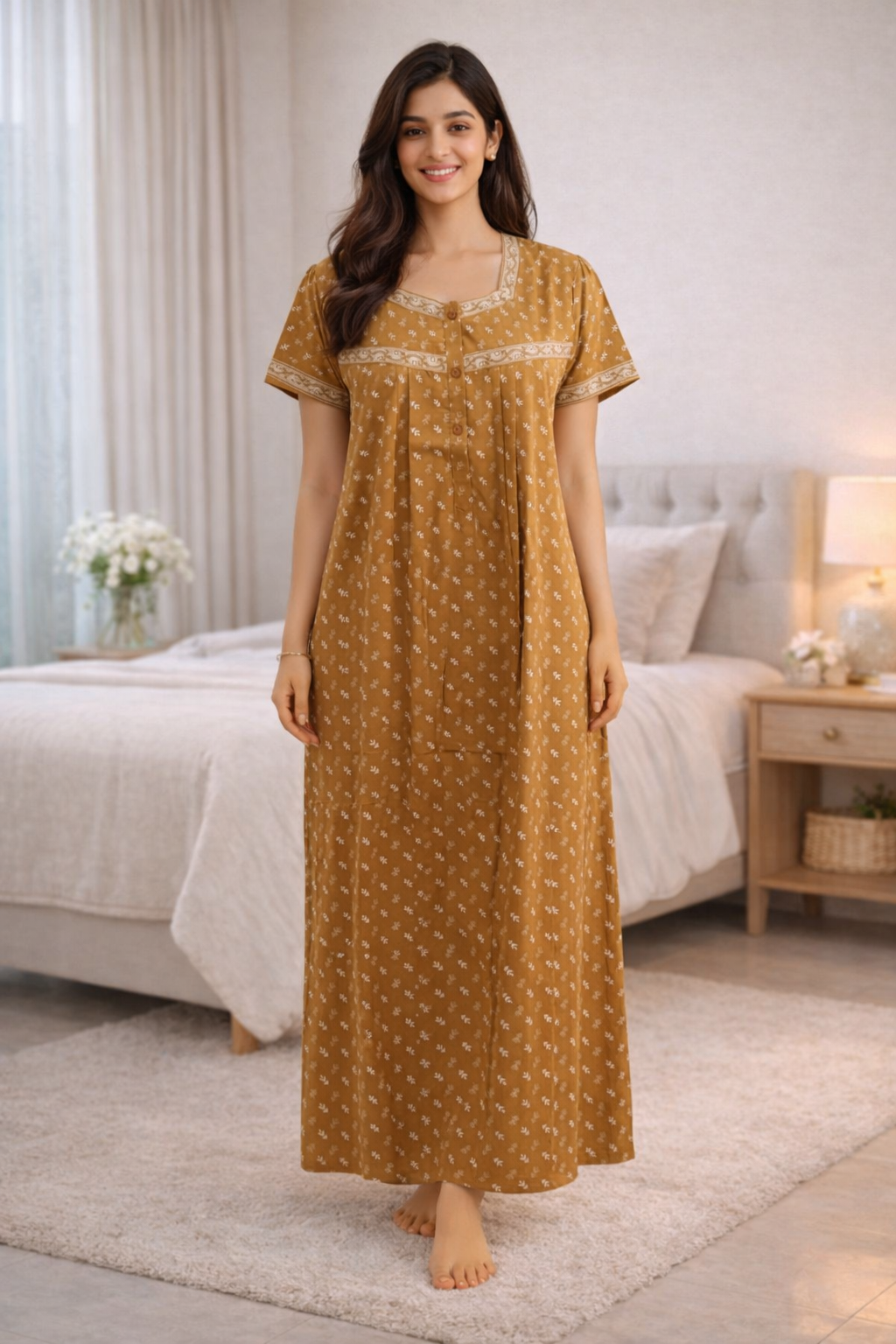 PLEATED FULL LENGTH MEDIUM - SMALL LEAF PRINT- MUSTARD, DARK GREY, MARSHY GREEN, GREYISH BLUE & PLUM- 401E e